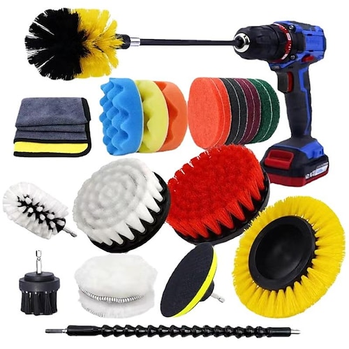 

23Piece Drill Brush Attachments Set, Scrub Pads & Sponge, Buffing Pads, Power Scrubber Brush with Extend Long Attachment, Car Polishing Pad Kit