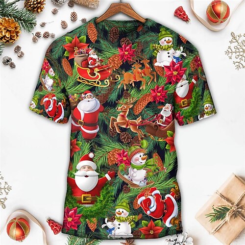 

Men's T shirt Tee Santa Claus Graphic Prints Crew Neck Green 3D Print Outdoor Christmas Short Sleeve Print Clothing Apparel Sports Designer Casual