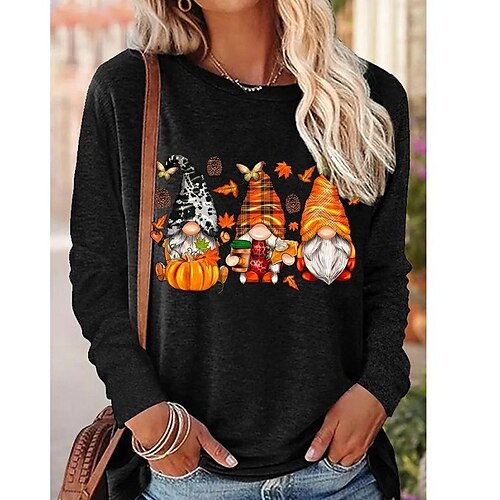 

Women's T shirt Tee Black Light Brown Santa's Helper Print Long Sleeve Christmas Weekend Basic Round Neck Regular S