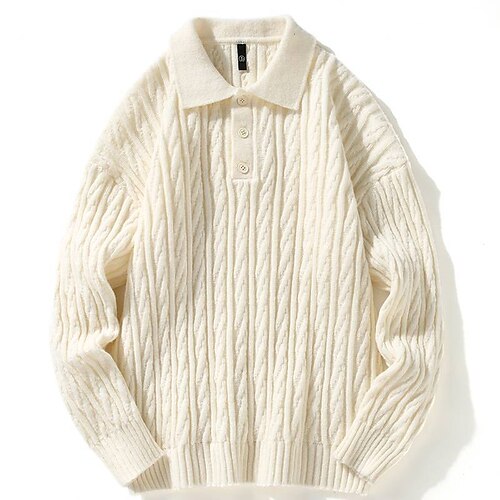

Men's Pullover Sweater Cable Knit Button Knitted Pure Color Lapel Stylish Keep Warm Daily Wear Vacation Clothing Apparel Winter Fall Black Khaki M L XL