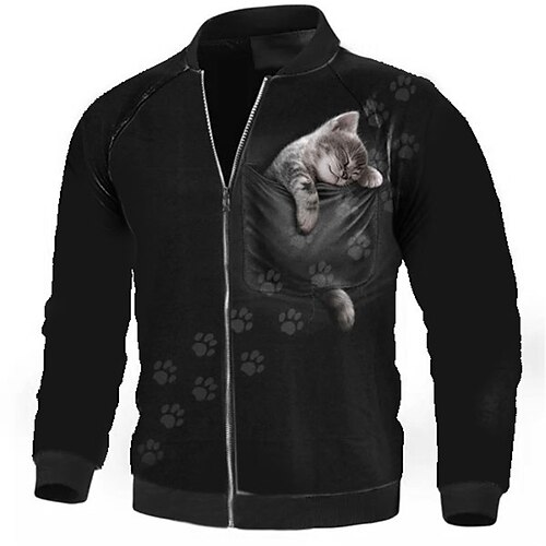 

Men's Coat Warm Sports & Outdoor Zipper Animal Cat Graphic Prints 3D Printed Graphic Standing Collar Fashion Jacket Outerwear Long Sleeve Zipper Fall & Winter