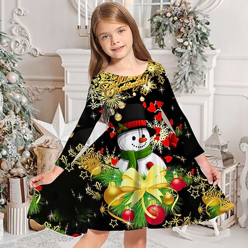 

Kids Girls' Christmas Dress Snowman Casual Dress Above Knee Dress Christmas Gifts Crewneck Crew Neck Long Sleeve Adorable Dress 3-10 Years Winter Black