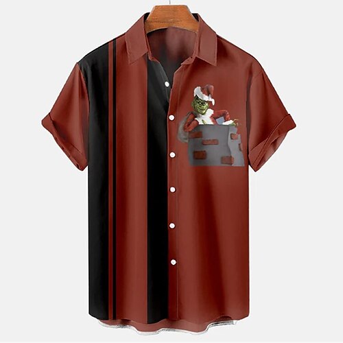 

Men's Shirt Santa Claus Elk Graphic Prints Turndown Wine Black Brown 3D Print Christmas Street Short Sleeves Button-Down Print Clothing Apparel Fashion Designer Casual Soft