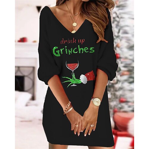 

Women's Christmas Sweatshirt Dress Shift Dress Sweat Dress Mini Dress Green Black Dark Green 3/4 Length Sleeve Letter Print Winter Fall Autumn V Neck Fashion 2022 S M L XL XXL 3XL