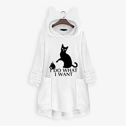 

Women's Plus Size Tops Hoodie Sweatshirt Animal Cat Embroidered Pocket Long Sleeve Hooded Casual Holiday Daily Going out Polyester Winter Fall Black And White Maroon / Weekend