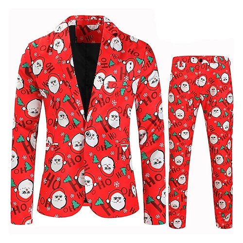 

Red Men's Christmas Suits 2 Piece Patterned Standard Fit Single Breasted One-button 2022