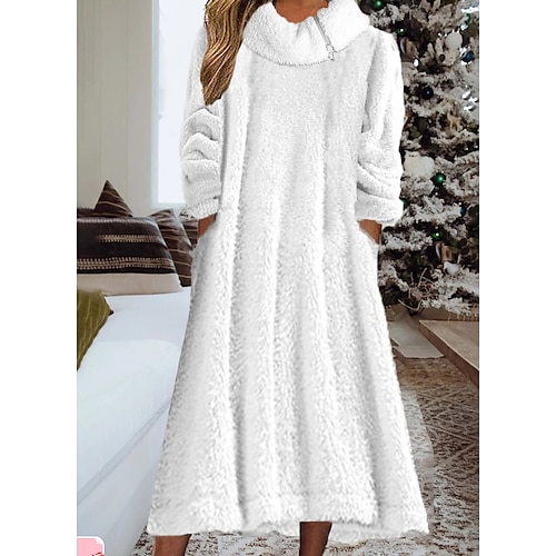 

Women's A Line Dress Midi Dress Beige Long Sleeve Pure Color Ruched Winter Fall Stand Collar Casual Daily Weekend 2022 S M L XL XXL 3XL