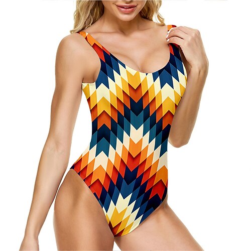 

Women's Swimwear One Piece Monokini Bathing Suits Plus Size Swimsuit Tummy Control Open Back Printing High Waisted Geometic Blue Khaki V Wire Bathing Suits Sexy Vacation Fashion