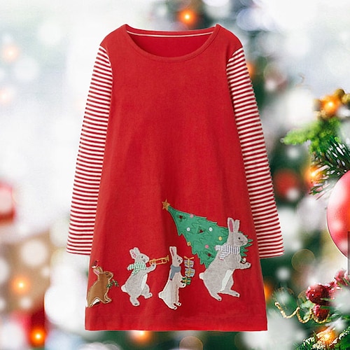 

Kids Girls' Christmas Dress Cartoon Striped T Shirt Dress Tee Dress Christmas Holiday Red Long Sleeve Casual Beautiful Dresses Christmas Fall Winter Regular Fit 2-6 Years