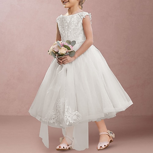 

Wedding Party A-Line Flower Girl Dresses Jewel Neck Ankle Length Lace Organza with Beading Appliques Elegant Cute Girls' Party Dress Fit 3-16 Years