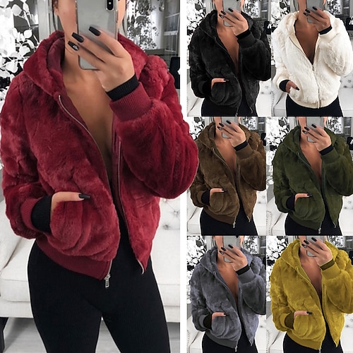 

Women's Sherpa jacket Fleece Jacket Teddy Coat Warm Breathable Outdoor Daily Wear Vacation Going out Pocket Zipper Hoodie Casual Modern Comfortable Plush Solid Color Regular Fit Outerwear Long Sleeve