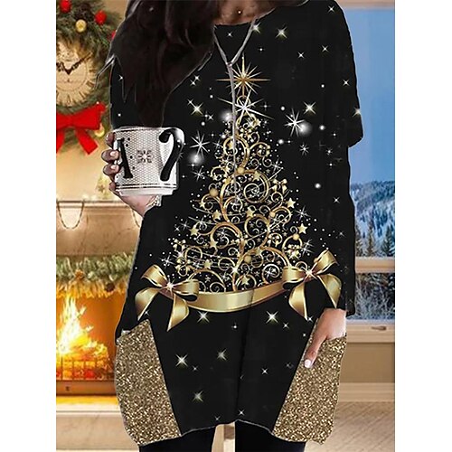 

Women's Casual Dress T Shirt Dress Tee Dress Shift Dress Mini Dress Gold Long Sleeve Christmas Tree Pocket Winter Fall Autumn Crew Neck Fashion Christmas Daily Vacation Loose Fit 2022 S M L XL XXL 3XL