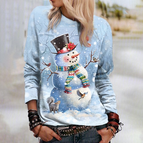 

Women's Sweatshirt Pullover Streetwear Blue Snowman Christmas Round Neck Long Sleeve S M L XL 2XL 3XL