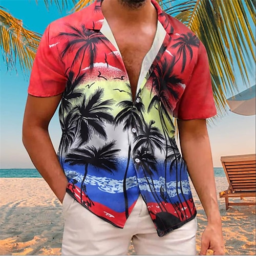 

Men's Shirt Coconut Tree Scenery Graphic Prints Turndown Red 3D Print Street Casual Short Sleeve Button-Down Print Clothing Apparel Fashion Designer Casual Hawaiian