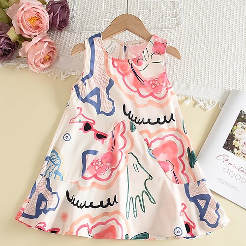 

Toddler Girls' Floral Dress Cartoon Dress Party Patchwork Crew Neck Sleeveless Cute Dress 3-7 Years Summer Beige