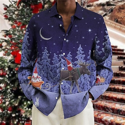 

Men's Shirt Tree Santa Claus Graphic Prints Turndown Navy Blue Gray 3D Print Christmas Street Long Sleeve Button-Down Print Clothing Apparel Fashion Designer Casual Soft