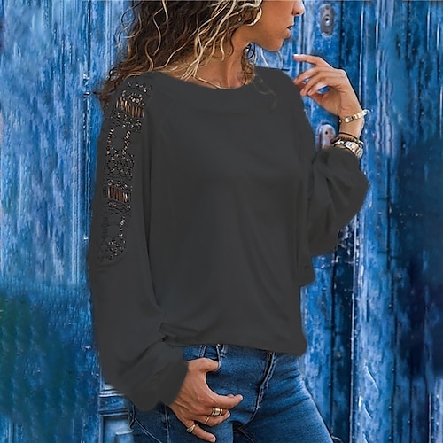 

Women's T shirt Tee Green Black Blue Plain Lace Long Sleeve Daily Weekend Basic Round Neck Regular S