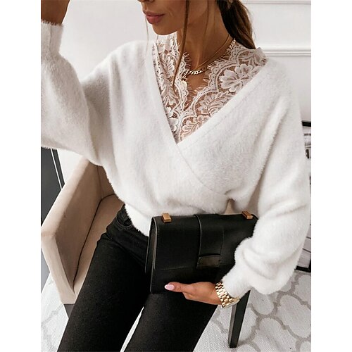 

Women's Blouse Shirt Brown White Plain Lace Trims Long Sleeve Casual Weekend Basic V Neck Regular S