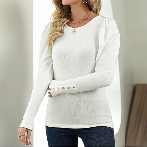 

Women's T shirt Tee Patchwork Button Solid / Plain Color Classic Round Neck Puff Sleeve Regular Spring & Fall Black White