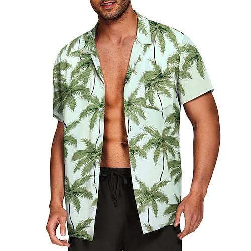 

Men's Summer Hawaiian Shirt Floral Coconut Tree Plants Turndown Green Blue Light Green Outdoor Street Short Sleeves Button-Down Print Clothing Apparel Fashion Casual Soft Breathable