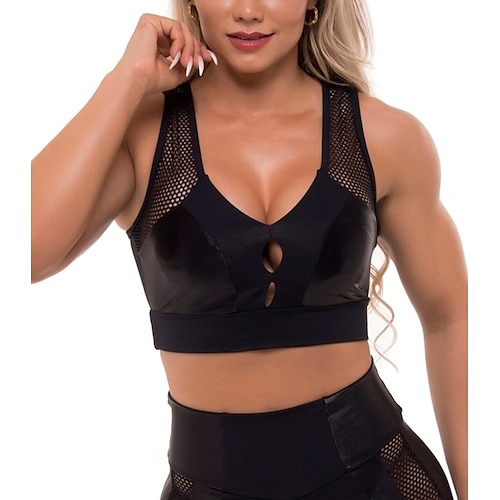 

21Grams Women's Sports Bra High Support Patchwork Removable Pad Color Block Black Mesh Yoga Fitness Gym Workout Top Sport Activewear Breathable Quick Dry Comfortable Micro-elastic Slim