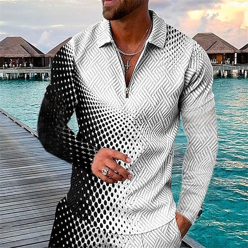 

Men's Collar Polo Shirt Golf Shirt Optical Illusion Graphic Prints Turndown Black 3D Print Outdoor Street Long Sleeve Zipper Print Clothing Apparel Fashion Designer Casual Soft