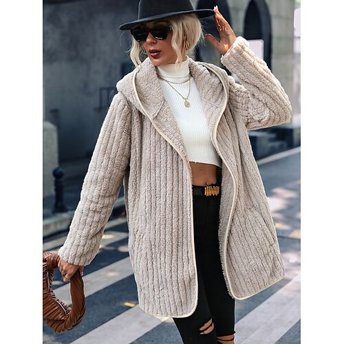 

Women's Fleece Jacket Sherpa Fleece Teddy Pocket Beige Solid Color Street Hoodie Long Sleeve Fleece S M L XL