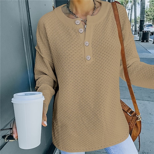 

Women's Pullover Sweater Jumper Ribbed Knit Button Knitted Pure Color Crew Neck Stylish Casual Outdoor Daily Winter Fall Blue Army Green S M L / Cotton / Long Sleeve