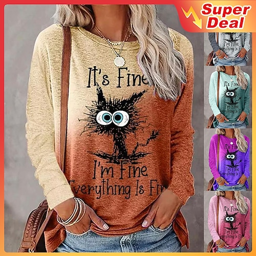 

Women's T shirt Tee Maroon Green Purple Graphic Color Gradient Print Long Sleeve Casual Weekend Round Neck Regular I'm Fine Painting S