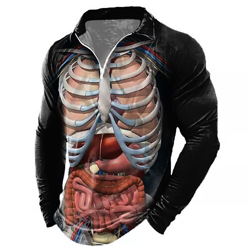 

Men's Polo Shirt Golf Shirt Graphic Prints Skeleton Organ Turndown Black 3D Print Outdoor Street Long Sleeve Zipper Print Clothing Apparel Fashion Designer Casual Soft