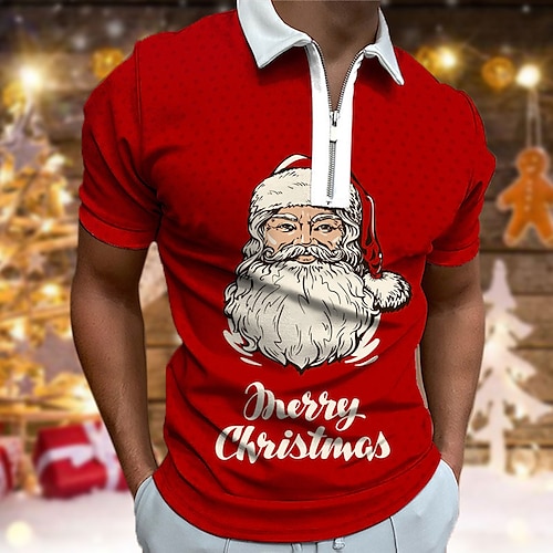 

Men's Collar Polo Shirt Golf Shirt Letter Santa Claus Graphic Prints Ugly Christmas Turndown Red 3D Print Christmas Street Short Sleeves Zipper Print Clothing Apparel Fashion Designer Casual