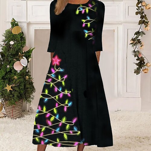 

Women's Christmas Casual Dress Shift Dress Midi Dress Midi Dress Gold Rainbow 3/4 Length Sleeve Tree Ruched Winter Fall Autumn Round Neck Fashion Daily 2022 S M L XL XXL 3XL