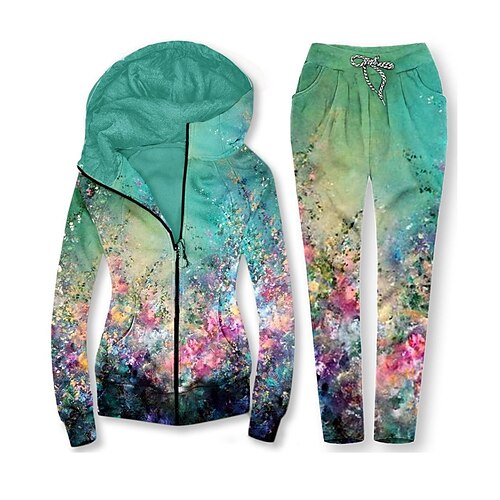 

Women's Plus Size Tops Set Floral Zipper Pocket Long Sleeve Hooded Casual Holiday Daily Vacation Cotton Winter Fall Green