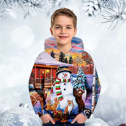 

Kids Boys Christmas Hoodie Pullover Snowman Long Sleeve Pocket Children Top Christmas Gifts 3D Print Hoodie Cute Daily Orange Winter 3-12 Years