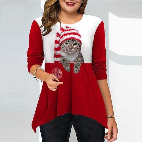 

Women's Plus Size Christmas Tops T shirt Tee Cat Letter Print Long Sleeve Crew Neck Casual Festival Daily Cotton Spandex Jersey Winter Fall Blue Wine / Weekend