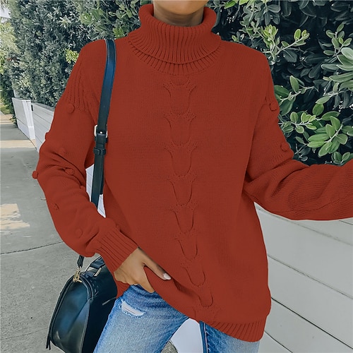 

Women's Pullover Sweater Jumper Ribbed Knit Knitted Pure Color Turtleneck Stylish Casual Outdoor Daily Winter Fall Blue Red S M L / Cotton / Long Sleeve