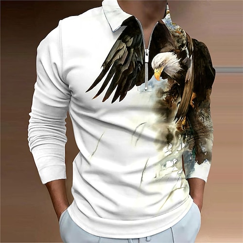 

Men's Polo Shirt Golf Shirt Animal Graphic Prints Eagle Turndown Yellow Blue Purple Brown Gray 3D Print Outdoor Street Long Sleeve Zipper Print Clothing Apparel Fashion Designer Casual Soft