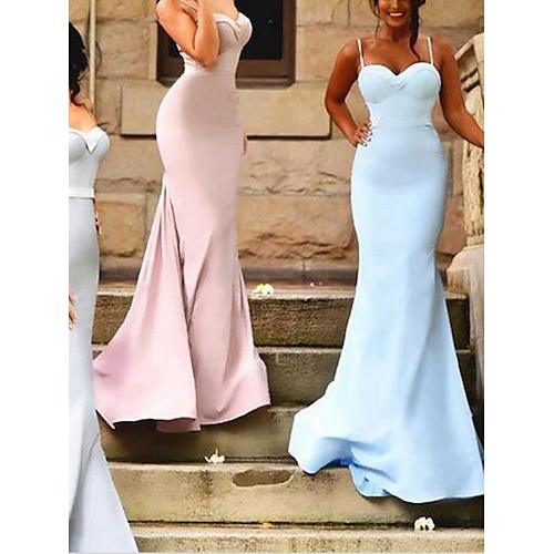 

Mermaid / Trumpet Bridesmaid Dress Sweetheart Neckline / Spaghetti Strap Sleeveless Elegant Sweep / Brush Train Stretch Chiffon with Solid Color 2022