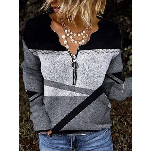 

Women's Shirt Black Light gray Dark Gray Color Block Quarter Zip Print Long Sleeve Casual Basic V Neck Regular Geometric S