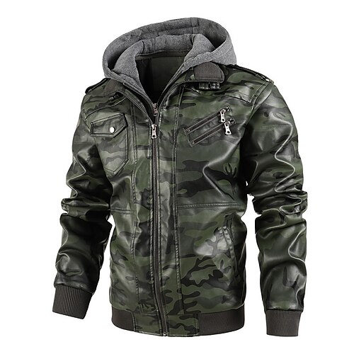 

Men's Faux Leather Jacket Warm Daily Wear Vacation Going out Zipper Hooded Comfort Leisure Jacket Outerwear Camo / Camouflage Zipper Pocket Green Blue Grey