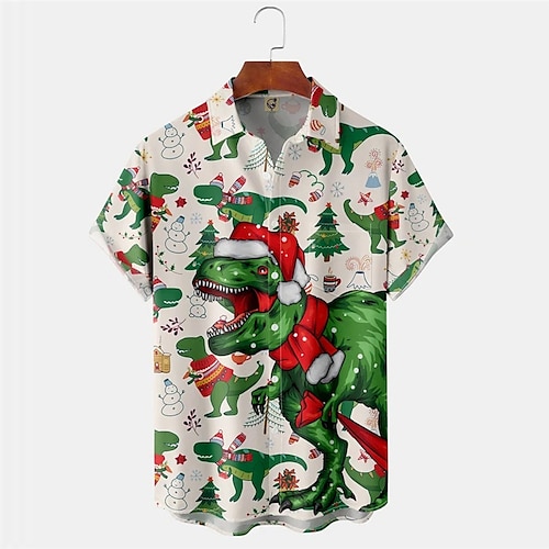 

Men's Shirt Animal Dinosaur Snowman Graphic Prints Turndown Green 3D Print Christmas Street Short Sleeves Button-Down Print Clothing Apparel Tropical Designer Casual Hawaiian