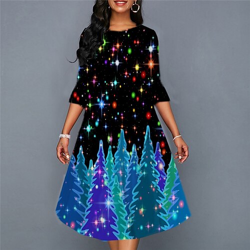 

Women's Casual Dress Shift Dress Swing Dress Midi Dress Blue 3/4 Length Sleeve Christmas Tree Ruched Winter Fall Spring Crew Neck Fashion Christmas Daily 2022 S M L XL XXL 3XL