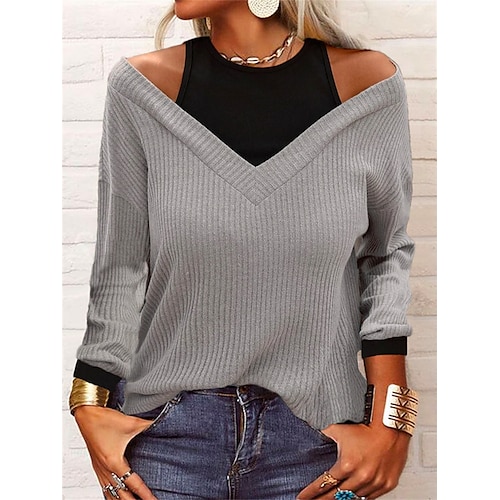 

Women's Blouse Shirt Gray Plain Long Sleeve Casual Basic V Neck Regular S