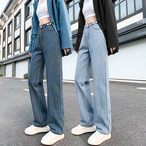 

Women's Wide Leg Jeans Adjustable Straight Leg Plain Classic Modern Regular Spring & Fall Black Dark Blue Light Blue White