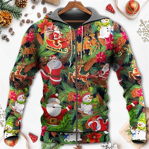 

Men's Full Zip Hoodie Jacket Green Blue Yellow Light Blue Hooded Santa Claus Graphic Prints Ugly Christmas Zipper Print Sports & Outdoor Daily Sports 3D Print Streetwear Designer Casual Spring & Fall