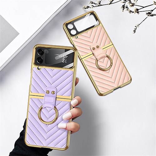 

Phone Case For Samsung Galaxy Flip Z Flip 3 Bumper Frame Plating Flip Solid Colored TPU PU Leather