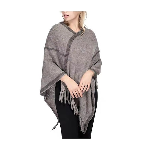 

Women's Shirt Shrugs Ponchos Capes Black Khaki Red Plain Tassel Crochet Long Sleeve Casual Ponchos Capes V Neck Regular One-Size