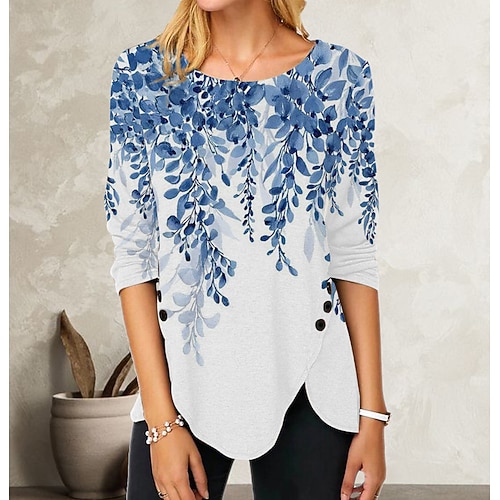 

Women's T shirt Tee Green Blue Purple Floral Print Long Sleeve Holiday Weekend Basic Round Neck Regular Painting S