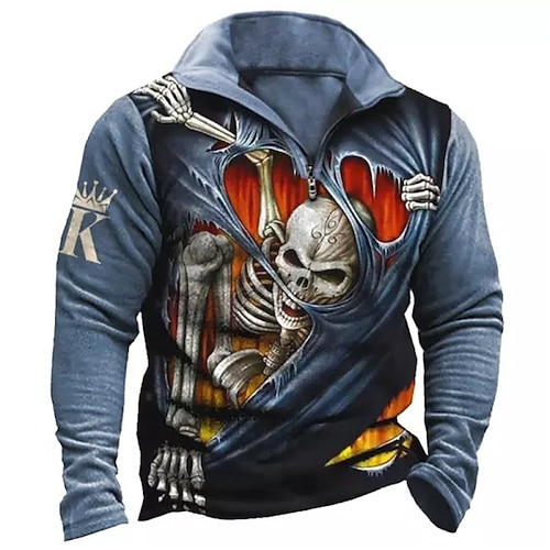 

Men's Zip Up Sweatshirt Pullover Quarter Zipper Sweatshirt Blue Half Zip Skull Graphic Prints Skeleton Zipper Print Daily Sports 3D Print Basic Designer Casual Spring & Fall Clothing Apparel Hoodies