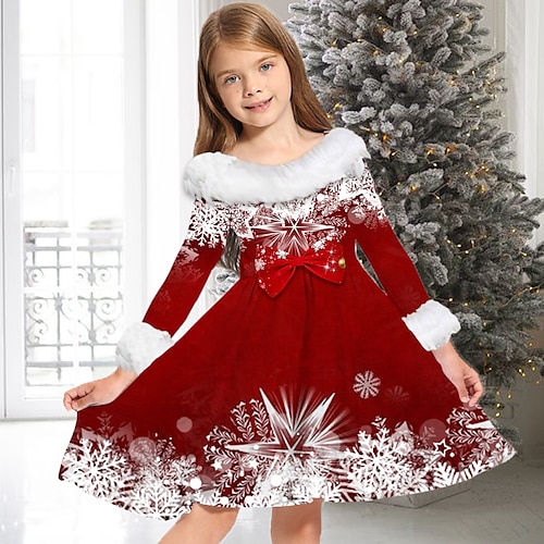 

Kids Girls' Christmas Dress Snowflake Casual Dress Above Knee Dress Christmas Gifts Fur Trim Crew Neck Long Sleeve Adorable Dress 2-13 Years Winter Silver Multicolor Green